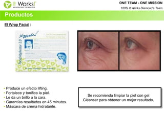 Se recomienda limpiar la piel con gel 
Cleanser para obtener un mejor resultado. 
El Wrap Facial : 
• Produce un efecto lifting. 
• Fortalece y tonifica la piel. 
• Le da un brillo a la cara. 
• Garantías resultados en 45 minutos. 
• Máscara de crema hidratante. 
Productos 
ONE TEAM - ONE MISSION 
100% It Works Diamond’s Team  