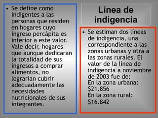 Línea de
indigencia
• Se define como
indigentes a las
personas que residen
en hogares cuyo
ingreso percápita es
inferior a este valor.
Vale decir, hogares
que aunque dedicaran
la totalidad de sus
ingresos a comprar
alimentos, no
lograrían cubrir
adecuadamente las
necesidades
nutricionales de sus
integrantes.
• Se estiman dos líneas
de indigencia, una
correspondiente a las
zonas urbanas y otra a
las zonas rurales. El
valor de la línea de
indigencia a noviembre
de 2003 fue de:
En la zona urbana:
$21.856
En la zona rural:
$16.842
 