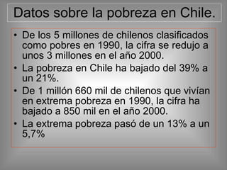 Datos sobre la pobreza en Chile.
• De los 5 millones de chilenos clasificados
como pobres en 1990, la cifra se redujo a
unos 3 millones en el año 2000.
• La pobreza en Chile ha bajado del 39% a
un 21%.
• De 1 millón 660 mil de chilenos que vivían
en extrema pobreza en 1990, la cifra ha
bajado a 850 mil en el año 2000.
• La extrema pobreza pasó de un 13% a un
5,7%
 