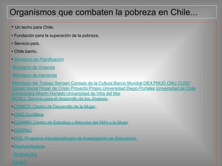 Organismos que combaten la pobreza en Chile...
• Un techo para Chile.
• Fundación para la superación de la pobreza.
• Servicio país.
• Chile barrio.
• Ministerio de Planificación
•Ministerio de Vivienda
•MInisterio de Hacienda
•Ministerio del Trabajo Sernam Consejo de la Cultura Banco Mundial OEA PNUD ONU CUSO
Círculo Social Hogar de Cristo Proyecto Propio Universidad Diego Portales Universidad de Chile
Universidad Alberto Hurtado Universidad de Viña del Mar
SEDEJ. Servicio para el desarrollo de los Jóvenes
• DOMOS. Centro de Desarrollo de la Mujer
• ONG Cordillera
• CEANIM. Centro de Estudios y Atención del Niño y la Mujer
• CEPPAC
• PIIE. Programa Interdisciplinario de Investigación en Educación.
• Rostros Nuevos
•Territorio Sur
•Ekosol
 