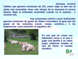 11
11
-Electrodomésticos y aparatos electrónicos: tenemos muchos
hábitos que generan emisiones de CO2 como: dejar la tele con el
piloto rojo encendido, tener más tiempo de lo necesario la nevera
abierta, dejar el ordenador encendido cuando no lo usamos… y
muchas más.
-Agricultura y ganadería: hay numerosos cultivos cuyos fertilizantes
generan emisiones de gases de efecto invernadero al igual que los
gases de los rumiantes (vacas, ovejas, camellos…) o las
maquinarías, como extractor, la segadora, etc.
Ya ves que en cosas tan
habituales como ir al cine o
jugar una partida a un video
juego podemos aceptar el
reto de frenar el cambio
climático.
 