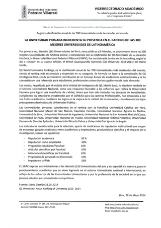 LA UNIVERSIDAD PERUANA INCREMENTA SU PRESENCIA EN EL RANKING DE LAS 300 MEJORES UNIVERSIDADES DE LATINOAMERICA