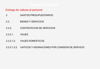 Entrega de viáticos al personal
Casos Prácticos
2 GASTOS PRESUPUESTARIOS
2.3. BIENES Y SERVICIOS
2.3.2. CONTRATACION DE SERVICIOS
2.3.2.1. VIAJES
2.3.2.1.2. VIAJES DOMESTICOS
2.3.2.1.2.2. VIATICOS Y ASIGNACIONES POR COMISION DE SERVICIO
 