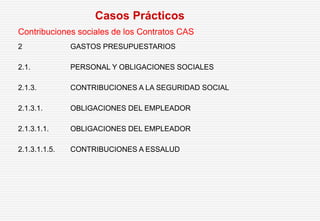 Contribuciones sociales de los Contratos CAS
Casos Prácticos
2 GASTOS PRESUPUESTARIOS
2.1. PERSONAL Y OBLIGACIONES SOCIALES
2.1.3. CONTRIBUCIONES A LA SEGURIDAD SOCIAL
2.1.3.1. OBLIGACIONES DEL EMPLEADOR
2.1.3.1.1. OBLIGACIONES DEL EMPLEADOR
2.1.3.1.1.5. CONTRIBUCIONES A ESSALUD
 