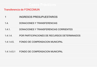 Transferencia de FONCOMUN
Casos Prácticos
1 INGRESOS PRESUPUESTARIOS
1.4. DONACIONES Y TRANSFERENCIAS
1.4.1. DONACIONES Y TRANSFERENCIAS CORRIENTES
1.4.1.4. POR PARTICIPACIONES DE RECURSOS DETERMINADOS
1.4.1.4.5. FONDO DE COMPENSACION MUNICIPAL
1.4.1.4.5.1 FONDO DE COMPENSACION MUNICIPAL
 