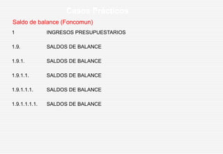 Saldo de balance (Foncomun)
Casos Prácticos
1 INGRESOS PRESUPUESTARIOS
1.9. SALDOS DE BALANCE
1.9.1. SALDOS DE BALANCE
1.9.1.1. SALDOS DE BALANCE
1.9.1.1.1. SALDOS DE BALANCE
1.9.1.1.1.1. SALDOS DE BALANCE
 