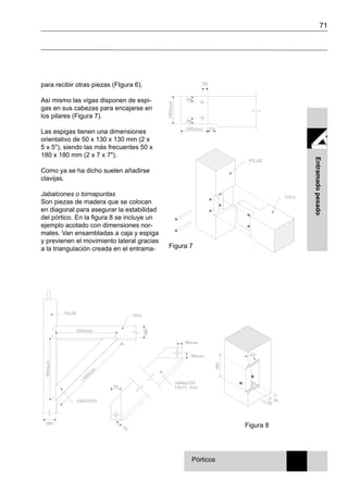 71
Entramadopesado
para recibir otras piezas (FIgura 6).
Así mismo las vigas disponen de espi-
gas en sus cabezas para encajarse en
los pilares (Figura 7).
Las espigas tienen una dimensiones
orientativo de 50 x 130 x 130 mm (2 x
5 x 5"), siendo las más frecuentes 50 x
180 x 180 mm (2 x 7 x 7").
Como ya se ha dicho suelen añadirse
clavijas.
Jabalcones o tornapuntas
Son piezas de madera que se colocan
en diagonal para asegurar la estabilidad
del pórtico. En la figura 8 se incluye un
ejemplo acotado con dimensiones nor-
males. Van ensambladas a caja y espiga
y previenen el movimiento lateral gracias
a la triangulación creada en el entrama- Figura 7
Pórticos
Figura 8
 