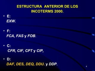 ESTRUCTURA ANTERIOR DE LOS
               INCOTERMS 2000.
• E:
  EXW.

• F:
  FCA, FAS y FOB.

• C:
  CFR, CIF, CPT y CIP,

• D:
  DAF, DES, DEQ, DDU. y DDP.          4
 