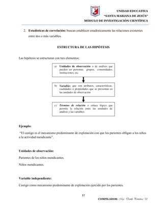 UNIDAD EDUCATIVA
“SANTA MARIANA DE JESÚS”
MÓDULO DE INVESTIGACIÓN CIENTÍFICA
37
COMPILADOR: Mgs. Danilo Peñaloza U.
2. Estadísticas de correlación: buscan establecer estadísticamente las relaciones existentes
entre dos o más variables.
ESTRUCTURA DE LAS HIPÓTESIS
Las hipótesis se estructuran con tres elementos:
Ejemplo:
“El castigo es el mecanismo predominante de explotación con que los parientes obligan a los niños
a la actividad mendicante”.
Unidades de observación:
Parientes de los niños mendicantes.
Niños mendicantes.
Variable independiente:
Castigo como mecanismo predominante de explotación ejercido por los parientes.
 