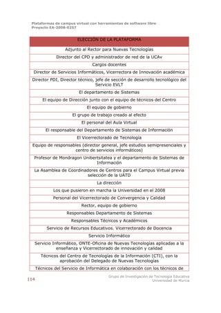 Plataformas de campus virtual con herramientas de software libre
 Proyecto EA-2008-0257


                          ELECCIÓN DE LA PLATAFORMA

                    Adjunto al Rector para Nuevas Tecnologías
                Director del CPD y administrador de red de la UCAv
                                 Cargos docentes
  Director de Servicios Informáticos, Vicerrectora de Innovación académica
 Director PDI, Director técnico, jefe de sección de desarrollo tecnológico del
                                 Servicio EVLT
                           El departamento de Sistemas
         El equipo de Dirección junto con el equipo de técnicos del Centro
                               El equipo de gobierno
                        El grupo de trabajo creado al efecto
                            El personal del Aula Virtual
           El responsable del Departamento de Sistemas de Información
                          El Vicerrectorado de Tecnología
  Equipo de responsables (director general, jefe estudios semipresenciales y
                     centro de servicios informáticos)
  Profesor de Mondragon Unibertsitatea y el departamento de Sistemas de
                              Información
  La Asamblea de Coordinadores de Centros para el Campus Virtual previa
                          selección de la UATD
                                    La dirección
              Los que pusieron en marcha la Universidad en el 2008
              Personal del Vicerrectorado de Convergencia y Calidad
                            Rector, equipo de gobierno
                     Responsables Departamento de Sistemas
                       Responsables Técnicos y Académicos
           Servicio de Recursos Educativos. Vicerrectorado de Docencia
                               Servicio Informático
   Servicio Informático, ONTE-Oficina de Nuevas Tecnologías aplicadas a la
              enseñanza y Vicerrectorado de innovación y calidad
        Técnicos del Centro de Tecnologías de la Información (CTI), con la
                 aprobación del Delegado de Nuevas Tecnologías
      Técnicos del Servicio de Informática en colaboración con los técnicos de
                                         Grupo de Investigación de Tecnología Educativa
114                                                               Universidad de Murcia
 