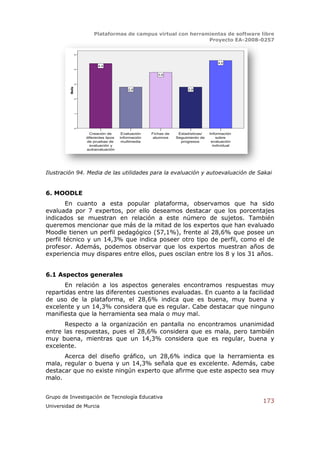 Plataformas de campus virtual con herramientas de software libre
                                                                 Proyecto EA-2008-0257

                 5



                                                                                       4,6
                           4,4
                 4

                                                         3,8


                 3
         Media




                                            2,8                         2,8


                 2




                 1




                 0

                       Creación de       Evaluación   Fichas de    Estadísticas/   Información
                     diferentes tipos   información    alumnos    Seguimiento de       sobre
                     de pruebas de       multimedia                 progresos       evaluación
                       evaluación y                                                  individual
                     autoevaluación




Ilustración 94. Media de las utilidades para la evaluación y autoevaluación de Sakai


6. MOODLE
        En cuanto a esta popular plataforma, observamos que ha sido
evaluada por 7 expertos, por ello deseamos destacar que los porcentajes
indicados se muestran en relación a este número de sujetos. También
queremos mencionar que más de la mitad de los expertos que han evaluado
Moodle tienen un perfil pedagógico (57,1%), frente al 28,6% que posee un
perfil técnico y un 14,3% que indica poseer otro tipo de perfil, como el de
profesor. Además, podemos observar que los expertos muestran años de
experiencia muy dispares entre ellos, pues oscilan entre los 8 y los 31 años.


6.1 Aspectos generales
       En relación a los aspectos generales encontramos respuestas muy
repartidas entre las diferentes cuestiones evaluadas. En cuanto a la facilidad
de uso de la plataforma, el 28,6% indica que es buena, muy buena y
excelente y un 14,3% considera que es regular. Cabe destacar que ninguno
manifiesta que la herramienta sea mala o muy mal.
      Respecto a la organización en pantalla no encontramos unanimidad
entre las respuestas, pues el 28,6% considera que es mala, pero también
muy buena, mientras que un 14,3% considera que es regular, buena y
excelente.
      Acerca del diseño gráfico, un 28,6% indica que la herramienta es
mala, regular o buena y un 14,3% señala que es excelente. Además, cabe
destacar que no existe ningún experto que afirme que este aspecto sea muy
malo.


Grupo de Investigación de Tecnología Educativa
                                                                                                  173
Universidad de Murcia
 