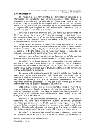 Plataformas de campus virtual con herramientas de software libre
                                                          Proyecto EA-2008-0257
6.3 Comunicación
      En relación a las herramientas de comunicación relativas a la
información del estudiante que se han analizado, cabe destacar el
calendario o agenda que es valorado de forma muy positiva por los
expertos, pues la mayoría de los sujetos indica que es una herramienta
buena (57,1%), un 28,6% que es excelente y un 14,3% que es muy buena.
Es significativo que ninguno de los encuestados manifiesta que la
herramienta sea regular, mala o muy mala.
      Respecto al tablón de anuncios, el 42,9% piensa que es excelente, un
28,6% que es muy bueno y un 14,3% que es bueno, por lo que observamos
que ninguno de los expertos afirma que la herramienta sea regular, mala o
muy mala, aunque podemos destacar que existe un 14,3% que señala que
Moodle no dispone de esta utilidad.
       Sobre la guía de usuario o sistema de ayuda, observamos que casi
todas las posibles respuestas han sido marcadas en mayor o menor medida
por los encuestados. Así, el 28,6% señala que es regular pero también que
es buena y el 14,3% indica que es mala, muy buena o excelente, sin
embargo, ninguno afirma que la herramienta sea muy mala.
      Además, cabe señalar que ninguno de los expertos señala otro tipo
de herramienta que posea Moodle que deseen contemplar y evaluar.
      En relación a las herramientas de comunicación síncronas, podemos
destacar el chat, pues presenta diversidad de respuestas, siendo todas ellas
muy similares en cuanto a porcentajes. Así, el 28,6% cree que el chat es
bueno o muy bueno, mientras que el 14,3% considera que esta herramienta
es muy mala, regular o excelente.
       En cuanto a la audioconferencia, la mayoría señala que Moodle no
posee esta herramienta (57,1%). Del grupo que manifiesta que la
plataforma sí posee audioconferencia, una parte indica que es muy mala,
otra que es regular y otra que es excelente, presentando todas las
respuestas el mismo porcentaje (14,3%) por lo que vemos que no existe
unanimidad entre los expertos respecto a esta utilidad.
      Algo similar ocurre con la videoconfernecia, pues la mayoría de
expertos indican que Moodle no dispone de esta herramienta (42,9%). El
resto de respuestas quedan repartidas por igual entre los encuestados ya
que un 14,3% afirma que es muy mala la utilidad, pero también, indica que
es regular, buena y excelente.
       Respecto a las aplicaciones compartidas, el 28,6% señala que la
plataforma no tiene esta herramienta aunque el mismo porcentaje
manifiesta que es buena y un 14,3% que es mala, regular o excelente.
Ninguno de los encuestados realiza una valoración muy negativa sobre esta
utilidad. Además, cabe destacar que ninguno de los expertos añade otro
tipo de herramienta sincrónica que presente Moodle y que desee valorar.
       En relación a herramientas asincrónicas como el correo, vemos que
las respuestas varían en cuanto al porcentaje de sujetos que responden, ya

Grupo de Investigación de Tecnología Educativa
                                                                              179
Universidad de Murcia
 