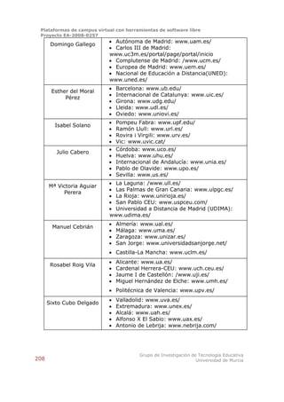 Plataformas de campus virtual con herramientas de software libre
 Proyecto EA-2008-0257
                             Autónoma de Madrid: www.uam.es/
       Domingo Gallego
                             Carlos III de Madrid:
                            www.uc3m.es/portal/page/portal/inicio
                             Complutense de Madrid: /www.ucm.es/
                             Europea de Madrid: www.uem.es/
                             Nacional de Educación a Distancia(UNED):
                            www.uned.es/
                               Barcelona: www.ub.edu/
       Esther del Moral
                               Internacional de Catalunya: www.uic.es/
            Pérez
                               Girona: www.udg.edu/
                               Lleida: www.udl.es/
                               Oviedo: www.uniovi.es/
                               Pompeu Fabra: www.upf.edu/
        Isabel Solano
                               Ramón Llull: www.url.es/
                               Rovira i Virgili: www.urv.es/
                               Vic: www.uvic.cat/
                               Córdoba: www.uco.es/
         Julio Cabero
                               Huelva: www.uhu.es/
                               Internacional de Andalucía: www.unia.es/
                               Pablo de Olavide: www.upo.es/
                               Sevilla: www.us.es/
                             La Laguna: /www.ull.es/
      Mª Victoria Aguiar
                             Las Palmas de Gran Canaria: www.ulpgc.es/
           Perera
                             La Rioja: www.unirioja.es/
                             San Pablo CEU: www.uspceu.com/
                             Universidad a Distancia de Madrid (UDIMA):
                            www.udima.es/
                               Almería: www.ual.es/
       Manuel Cebrián
                               Málaga: www.uma.es/
                               Zaragoza: www.unizar.es/
                               San Jorge: www.universidadsanjorge.net/
                             Castilla-La Mancha: www.uclm.es/
                               Alicante: www.ua.es/
       Rosabel Roig Vila
                               Cardenal Herrera-CEU: www.uch.ceu.es/
                               Jaume I de Castellón: /www.uji.es/
                               Miguel Hernández de Elche: www.umh.es/
                             Politécnica de Valencia: www.upv.es/
                               Valladolid: www.uva.es/
      Sixto Cubo Delgado
                               Extremadura: www.unex.es/
                               Alcalá: www.uah.es/
                               Alfonso X El Sabio: www.uax.es/
                               Antonio de Lebrija: www.nebrija.com/




                                        Grupo de Investigación de Tecnología Educativa
208                                                              Universidad de Murcia
 