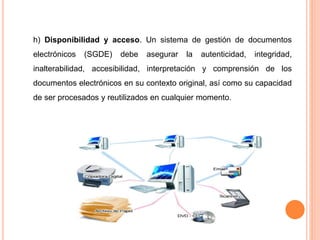h) Disponibilidad y acceso. Un sistema de gestión de documentos 
electrónicos (SGDE) debe asegurar la autenticidad, integridad, 
inalterabilidad, accesibilidad, interpretación y comprensión de los 
documentos electrónicos en su contexto original, así como su capacidad 
de ser procesados y reutilizados en cualquier momento. 
 