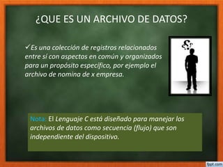 ¿QUE ES UN ARCHIVO DE DATOS? 
Es una colección de registros relacionados 
entre sí con aspectos en común y organizados 
para un propósito específico, por ejemplo el 
archivo de nomina de x empresa. 
Nota: El Lenguaje C está diseñado para manejar los 
archivos de datos como secuencia (flujo) que son 
independiente del dispositivo. 
 