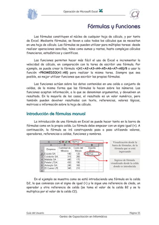 Operación de Microsoft Excel
Guía del Usuario Página 55
Centro de Capacitación en Informática
FFFFFFFFóóóóóóóórrrrrrrrmmmmmmmmuuuuuuuullllllllaaaaaaaassssssss yyyyyyyy FFFFFFFFuuuuuuuunnnnnnnncccccccciiiiiiiioooooooonnnnnnnneeeeeeeessssssss
LLaass ffóórrmmuullaass ccoonnssttiittuuyyeenn eell nnúúcclleeoo ddee ccuuaallqquuiieerr hhoojjaa ddee ccáállccuulloo,, yy ppoorr ttaannttoo
ddee EExxcceell.. MMeeddiiaannttee ffóórrmmuullaass,, ssee lllleevvaann aa ccaabboo ttooddooss llooss ccáállccuullooss qquuee ssee nneecceessiittaann
eenn uunnaa hhoojjaa ddee ccáállccuulloo.. LLaass ffóórrmmuullaass ssee ppuueeddeenn uuttiilliizzaarr ppaarraa mmúúllttiipplleess ttaarreeaass:: ddeessddee
rreeaalliizzaarr ooppeerraacciioonneess sseenncciillllaass,, ttaalleess ccoommoo ssuummaass yy rreessttaass,, hhaassttaa ccoommpplleejjooss ccáállccuullooss
ffiinnaanncciieerrooss,, eessttaaddííssttiiccooss yy cciieennttííffiiccooss..
LLaass ffuunncciioonneess ppeerrmmiitteenn hhaacceerr mmááss ffáácciill eell uussoo ddee EExxcceell ee iinnccrreemmeennttaarr llaa
vveelloocciiddaadd ddee ccáállccuulloo,, eenn ccoommppaarraacciióónn ccoonn llaa ttaarreeaa ddee eessccrriibbiirr uunnaa ffóórrmmuullaa.. PPoorr
eejjeemmpplloo,, ssee ppuueeddee ccrreeaarr llaa ffóórrmmuullaa ==((AA11++AA22++AA33++AA44++AA55++AA66++AA77++AA88))//88 oo uussaarr llaa
ffuunncciióónn ==PPRROOMMEEDDIIOO((AA11::AA88)) ppaarraa rreeaalliizzaarr llaa mmiissmmaa ttaarreeaa.. SSiieemmpprree qquuee sseeaa
ppoossiibbllee,, eess mmeejjoorr uuttiilliizzaarr ffuunncciioonneess qquuee eessccrriibbiirr llaass pprrooppiiaass ffóórrmmuullaass..
LLaass ffuunncciioonneess aaccttúúaann ssoobbrree llooss ddaattooss ccoonntteenniiddooss eenn uunnaa cceellddaa oo ccoonnjjuunnttoo ddee
cceellddaass,, ddee llaa mmiissmmaa ffoorrmmaa qquuee llaass ffóórrmmuullaass lloo hhaacceenn ssoobbrree llooss nnúúmmeerrooss.. LLaass
ffuunncciioonneess aacceeppttaann iinnffoorrmmaacciióónn,, aa llaa qquuee ssee ddeennoommiinnaann aarrgguummeennttooss,, yy ddeevvuueellvveenn uunn
rreessuullttaaddoo.. EEnn llaa mmaayyoorrííaa ddee llooss ccaassooss,, eell rreessuullttaaddoo eess uunn vvaalloorr nnuumméérriiccoo,, ppeerroo
ttaammbbiiéénn ppuueeddeenn ddeevvoollvveerr rreessuullttaaddooss ccoonn tteexxttoo,, rreeffeerreenncciiaass,, vvaalloorreess llóóggiiccooss,,
mmaattrriicceess oo iinnffoorrmmaacciióónn ssoobbrree llaa hhoojjaa ddee ccáállccuulloo..
IIIIIIIInnnnnnnnttttttttrrrrrrrroooooooodddddddduuuuuuuucccccccccccccccciiiiiiiióóóóóóóónnnnnnnn ddddddddeeeeeeee ffffffffóóóóóóóórrrrrrrrmmmmmmmmuuuuuuuullllllllaaaaaaaassssssss mmmmmmmmaaaaaaaannnnnnnnuuuuuuuuaaaaaaaallllllll
LLaa iinnttrroodduucccciióónn ddee uunnaa ffóórrmmuullaa eenn EExxcceell ssee ppuueeddee hhaacceerr ttaannttoo eenn llaa bbaarrrraa ddee
ffóórrmmuullaass ccoommoo eenn llaa pprrooppiiaa cceellddaa.. LLaa ffóórrmmuullaa ddeebbee eemmppeezzaarr ccoonn uunn ssiiggnnoo iigguuaall ((==)).. AA
ccoonnttiinnuuaacciióónn,, llaa ffóórrmmuullaa ssee iirráá ccoonnssttrruuyyeennddoo ppaassoo aa ppaassoo uuttiilliizzaannddoo vvaalloorreess,,
ooppeerraaddoorreess,, rreeffeerreenncciiaass aa cceellddaass,, ffuunncciioonneess yy nnoommbbrreess..
EEnn eell eejjeemmpplloo ssee mmuueessttrraa ccoommoo ssee eessttáá iinnttrroodduucciieennddoo uunnaa ffóórrmmuullaa eenn llaa cceellddaa
DD22,, llaa qquuee ccoommiieennzzaa ccoonn eell ssiiggnnoo ddee iigguuaall ((==)) yy llee ssiigguuee uunnaa rreeffeerreenncciiaa ddee cclleeddaa,, uunn
ooppeerraaddoorr yy oottrraa rreeffeerreenncciiaa ddee cceellddaa ((ssee ttoommaa eell vvaalloorr ddee llaa cceellddaa BB22 yy ssee lloo
mmuullttiipplliiccaa ppoorr eell vvaalloorr ddee llaa cceellddaa CC22))..
Visualización desde la
barra de fórmulas, de la
fórmula que se está
ingresando
Ingreso de fórmula
visualizado desde la celda
donde es introducida
 