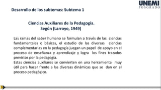 Desarrollo de los subtemas: Subtema 1
Ciencias Auxiliares de la Pedagogía.
Según (Larroyo, 1949)
Las ramas del saber humano se formulan a través de las ciencias
fundamentales o básicas, el estudio de las diversas ciencias
complementarias en la pedagogía juegan un papel de apoyo en el
proceso de enseñanza y aprendizaje y logra los fines trazados
previstos por la pedagogía.
Estas ciencias auxiliares se convierten en una herramienta muy
útil para hacer frente a las diversas dinámicas que se dan en el
proceso pedagógico.
 