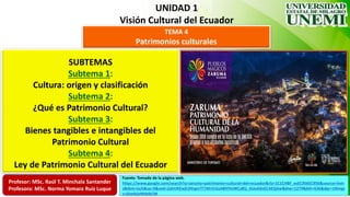 UNIDAD 1
Visión Cultural del Ecuador
TEMA 4
Patrimonios culturales
SUBTEMAS
Subtema 1:
Cultura: origen y clasificación
Subtema 2:
¿Qué es Patrimonio Cultural?
Subtema 3:
Bienes tangibles e intangibles del
Patrimonio Cultural
Subtema 4:
Ley de Patrimonio Cultural del Ecuador
Fuente: Tomado de la página web.
https://www.google.com/search?q=zaruma+patrimonio+cultural+del+ecuador&rlz=1C1CHBF_esEC956EC956&source=lnm
s&tbm=isch&sa=X&ved=2ahUKEwjh39ngn7T7AhVUSzABHYmWCz8Q_AUoAXoECAEQAw&biw=1279&bih=636&dpr=1#imgr
c=j5w4sieWtbIkCM
Profesor: MSc. Raúl T. Minchala Santander
Profesora: MSc. Norma Yomara Ruíz Luque
 