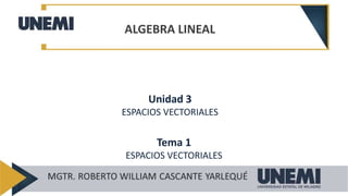 ALGEBRA LINEAL
Unidad 3
ESPACIOS VECTORIALES
Tema 1
ESPACIOS VECTORIALES
 