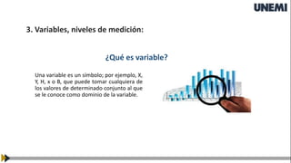 3. Variables, niveles de medición:
¿Qué es variable?
Una variable es un símbolo; por ejemplo, X,
Y, H, x o B, que puede tomar cualquiera de
los valores de determinado conjunto al que
se le conoce como dominio de la variable.
 
