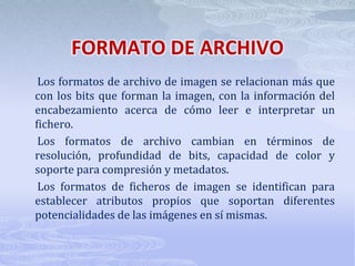 MODALIDADCuando se captura una imagen, esta puede ser configurada en blanco ynegro, escala de grises o color.  La diferencia entre estos tipos de datos sebasa en el número de bits asociados a cada punto de la imagen. Una imagenen blanco y negro,  comúnmente llamada bitonal, es aquella que serepresenta por píxeles –o  puntos– formados por un bit que puede representar dos tonos (blanco o negro).Una imagen en color se representa por una profundidad de bit de 8 a 24 lo que permite obtener hasta 16,7 millones de colores asociados a un píxel, resultantes de elevar 2 a la 24. La modalidad de color se especifica por canales (rojo, verde y azul) a los que se aparea una posibilidad de 8 bits por cada color.FORMATO DE ARCHIVOLos formatos de archivo de imagen se relacionan más que con los bits que forman la imagen, con la información del encabezamiento acerca de cómo leer e interpretar un fichero.       Los formatos de archivo cambian en términos de resolución, profundidad de bits, capacidad de color y soporte para compresión y metadatos.       Los formatos de ficheros de imagen se identifican para establecer atributos propios que soportan diferentes potencialidades de las imágenes en sí mismas.