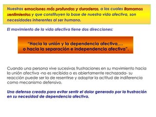 Nuestras emociones más profundas y duraderas, a las cuales llamamos
                                      duraderas
sentimientos y que constituyen la base de nuestra vida afectiva, son
necesidades inherentes al ser humano.

El movimiento de la vida afectiva tiene dos direcciones:


          “Hacia la unión y la dependencia afectiva,…
        o hacia la separación e independencia afectiva”.



Cuando una persona vive sucesivas frustraciones en su movimiento hacia
la unión afectiva -no es recibida o es abiertamente rechazada- su
reacción puede ser la de resentirse y adoptar la actitud de indiferencia
como mecanismo defensivo.

Una defensa creada para evitar sentir el dolor generado por la frustración
en su necesidad de dependencia afectiva.
 