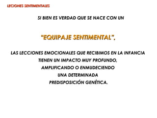 LECIONES SENTIMENTALES


               SI BIEN ES VERDAD QUE SE NACE CON UN



                 “EQUIPAJE SENTIMENTAL”,

 LAS LECCIONES EMOCIONALES QUE RECIBIMOS EN LA INFANCIA
                TIENEN UN IMPACTO MUY PROFUNDO,
                 AMPLIFICANDO O ENMUDECIENDO
                         UNA DETERMINADA
                     PREDISPOSICIÓN GENÉTICA.
 