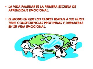• LA VIDA FAMILIAR ES LA PRIMERA ESCUELA DE
  APRENDIZAJE EMOCIONAL.

• EL MODO EN QUE LOS PADRES TRATAN A SUS HIJOS,
  TIENE CONSECUENCIAS PROFUNDAS Y DURADERAS
  EN SU VIDA EMOCIONAL.
 