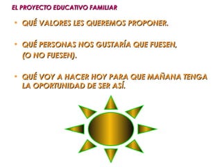 EL PROYECTO EDUCATIVO FAMILIAR

• QUÉ VALORES LES QUEREMOS PROPONER.

• QUÉ PERSONAS NOS GUSTARÍA QUE FUESEN,
  (O NO FUESEN).

• QUÉ VOY A HACER HOY PARA QUE MAÑANA TENGA
  LA OPORTUNIDAD DE SER ASÍ.
 
