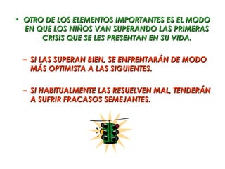 • OTRO DE LOS ELEMENTOS IMPORTANTES ES EL MODO
  EN QUE LOS NIÑOS VAN SUPERANDO LAS PRIMERAS
      CRISIS QUE SE LES PRESENTAN EN SU VIDA.

 – SI LAS SUPERAN BIEN, SE ENFRENTARÁN DE MODO
   MÁS OPTIMISTA A LAS SIGUIENTES.

 – SI HABITUALMENTE LAS RESUELVEN MAL, TENDERÁN
   A SUFRIR FRACASOS SEMEJANTES.
 