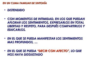 EN UN CLIMA FAMILIAR DE SINTONÍA

• DISTENDIDO

• CON MOMENTOS DE INTIMIDAD, EN LOS QUE PUEDAN
  AFLORAR LOS SENTIMIENTOS, EXPRESARLOS EN TOTAL
  LIBERTAD Y RESPETO, PARA DESPUÉS COMPARTIRLOS Y
  EDUCARLOS.

• EN EL QUE SE PUEDA MANIFESTAR LOS SENTIMIENTOS
  MAS PROFUNDOS, …

• EN EL QUE SE PUEDA “DECIR CON AFECTO”, LO QUE
  NOS HAYA DISGUSTADO
 