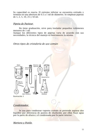 Su capacidad es exacta. El extremo inferior se encuentra estirado y
termina en una abertura de 0.5 a 1 ml de diámetro. Se emplean pipetas
de 1, 2, 5, 10, 25 y 50 ml.

Pipeta de Pasteur
No tiene graduación, sirve para trasladar pequeños volúmenes
menores de 1 ml.
Aunque los diferentes tipos de pipetas varia de acuerdo con sus
necesidades, la técnica del manejo es básicamente la misma.

Otros tipos de cristalería de uso común:

Ilustración 3

Condensador
Se usa para condensar vapores cuando se pretende separar dos
líquidos por diferencia de puntos de ebullición; por ellos fluye agua
por la parte de afuera y el condensado por la parte interior.

Mortero y Pistilo
11

 