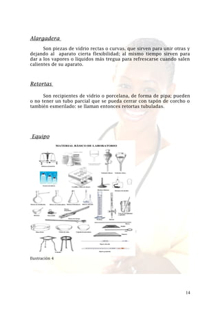 Alargadera
Son piezas de vidrio rectas o curvas, que sirven para unir otras y
dejando al aparato cierta flexibilidad; al mismo tiempo sirven para
dar a los vapores o líquidos más tregua para refrescarse cuando salen
calientes de su aparato.

Retortas
Son recipientes de vidrio o porcelana, de forma de pipa; pueden
o no tener un tubo parcial que se pueda cerrar con tapón de corcho o
también esmerilado: se llaman entonces retortas tubuladas.

Equipo

Ilustración 4

14

 