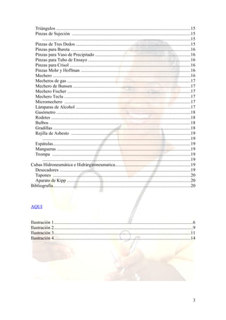 Triángulos .....................................................................................................................15
Pinzas de Sujeción ........................................................................................................15
..................................................................................................................................15
Pinzas de Tres Dedos ....................................................................................................15
Pinzas para Bureta .........................................................................................................16
Pinzas para Vaso de Precipitado ...................................................................................16
Pinzas para Tubo de Ensayo .........................................................................................16
Pinzas para Crisol ..........................................................................................................16
Pinzas Mohr y Hoffman ................................................................................................16
Mechero .........................................................................................................................16
Mecheros de gas ............................................................................................................17
Mechero de Bunsen .......................................................................................................17
Mechero Fischer ............................................................................................................17
Mechero Teclu ..............................................................................................................17
Micromechero ..............................................................................................................17
Lámparas de Alcohol ....................................................................................................17
Gasómetro .....................................................................................................................18
Rodetes ..........................................................................................................................18
Bulbos ...........................................................................................................................18
Gradillas ........................................................................................................................18
Rejilla de Asbesto ........................................................................................................19
..................................................................................................................................19
Espátulas........................................................................................................................19
Mangueras .....................................................................................................................19
Trompa .........................................................................................................................19
..................................................................................................................................19
Cubas Hidroneumática e Hidrárgironeumatica..................................................................19
Desecadores ...................................................................................................................19
Tapones ........................................................................................................................20
Aparato de Kipp ............................................................................................................20
Bibliografía........................................................................................................................20

AQUI
Ilustración 1..........................................................................................................................6
Ilustración 2..........................................................................................................................9
Ilustración 3........................................................................................................................11
Ilustración 4........................................................................................................................14

3

 