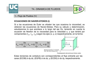 Estas tensiones de cortadura son correspondientes al flujo entrante por las
caras (ECOB) ó dy dz, (EGFB) ó dx dz, y (ECDG) ó dx dy, respectivamente.
T4.- DINAMICA DE FLUIDOS
1.- Flujo de Fluidos (V)
ECUACIONES DE NAVIER-STOKES (I)
Si a las ecuaciones de Euler se añaden las que ocasiona la viscosidad, se
obtienen las ecuaciones de Navier-Stokes. Para su cálculo y determinación,
estudiaremos lo que acontece a lo largo del eje Ox, teniendo en cuenta la
ecuación de Newton de la viscosidad para la velocidad u, y que tendrá por
componentes (τux, τuy, τuz) según los ejes (x, y, z) respectivamente, en la forma:
Paralelepípedo elemental para fluidos reales
Mecánica de fluidos; P. Fernández
Diez, http://libros.redsauce.net/
 