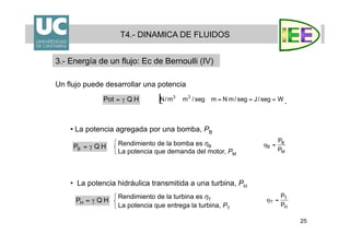 25
Un flujo puede desarrollar una potencia
• La potencia agregada por una bomba, PB
•  La potencia hidráulica transmitida a una turbina, PH
Rendimiento de la bomba es ηB
La potencia que demanda del motor, PM
Rendimiento de la turbina es ηT
La potencia que entrega la turbina, PT
T4.- DINAMICA DE FLUIDOS
3.- Energía de un flujo: Ec de Bernoulli (IV)
 
