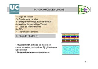 3
T4.- DINAMICA DE FLUIDOS
1.- Flujo de Fluidos (I)
1.- Flujo de Fluidos
2.- Conductos y canales
3.- Energía de un flujo. Ec de Bernoulli
4.- Medidor de caudal tipo Venturi
5.- Tubos de Pitot y Prandtl
6.- Sifón
7.- Teorema de Torricelli
• Flujo laminar, el fluido se mueve en
capas paralelas o cilíndricas. Ej.:glicerina en
tubo circular
• Flujo turbulento en caso contrario;
 