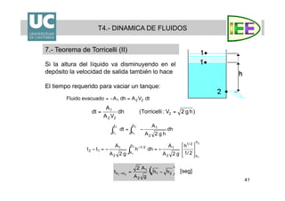 41
Si la altura del líquido va disminuyendo en el
depósito la velocidad de salida también lo hace
El tiempo requerido para vaciar un tanque:
T4.- DINAMICA DE FLUIDOS
7.- Teorema de Torricelli (II)
 