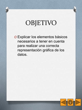 OBJETIVO 
O Explicar los elementos básicos 
necesarios a tener en cuenta 
para realizar una correcta 
representación gráfica de los 
datos. 
 