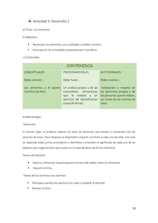 19
Actividad 3: Desarrollo 1
a) Título: Los alimentos
b) Objetivos:
 Reconocer los alimentos, sus cualidades y calidad nutritiva
 Participar en las actividades propuestas por el profesor
c) Contenidos:
CONTENIDOS
CONCEPTUALES
Debe conocer…
Los alimentos y el aporte
nutritivo de ellos
PROCEDIMENTALES
Debe hacer…
Un análisis propio y de las
costumbres alimenticias
que le rodean y un
ejercicio de identificación
(sopa de letras)
ACTITUDINALES
Debe mostrar…
Aceptación y respeto de
las opiniones propias y de
las personas que le rodean,
así como de las normas de
clase.
d) Metodología:
Desarrollo:
En primer lugar, el profesor expone los tipos de alimentos que existen y conversará con los
alumnos de estos. Poco después se dispondrá a repartir una ficha a cada uno de ellos. Con esta
ya repartida todos juntos procederán a identificar y entender el significado de cada una de las
palabras que luego tendrán que buscar en la sopa de letras de forma individual.
Tareas del docente:
 Explicar y fomentar la participación a la hora de hablar sobre los alimentos
 Repartir la ficha
Tareas de los alumnos y las alumnas:
 Participar cuando sea oportuno en clase y respetar al docente
 Realizar la ficha
 