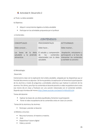 21
Actividad 4: Desarrollo 2
a) Título: La dieta saludable
b) Objetivos:
 Adquirir conocimientos ligados a la dieta saludable
 Participar en las actividades propuestas por el profesor
c) Contenidos:
CONTENIDOS
CONCEPTUALES
Debe conocer…
Las bases de la dieta
saludable y la pirámide
alimenticia.
PROCEDIMENTALES
Debe hacer…
El estudio y comprensión
de los contenidos
relacionados con la dieta
saludable.
ACTITUDINALES
Debe mostrar…
Aceptación, entusiasmo y
participación a la hora de
interpretar los contenidos
(y también la canción)
d) Metodología:
Desarrollo:
Comenzará la clase con la explicación de la dieta saludable, solapada por las diapositivas que al
final del documento se adjuntan. De forma paralela a la explicación se fomentará la participación
de los alumnos a través de preguntas y actividades colectivas que implican la atención de los
alumnos. Por último, para fijar los contenidos el docente pondrá un video recopilatorio de lo visto
ese mismo día en clase y finalizará con una canción relacionada con el contenido también.
Dejando aquí el enlace del mismo https://www.youtube.com/watch?v=bOIuGD1s5J4
Tareas del docente:
 Explicar las bases de una dieta equilibrada y fomentar la participación
 Poner el video recopilatorio de los contenidos vistos en clase y la canción.
Tareas de los alumnos y las alumnas:
 Participar y atender al docente
e) Medios y recursos:
 Recursos humanos: el maestro o maestra.
 Aula
 Diapositivas Y pizarra digital
 Video y canción
 