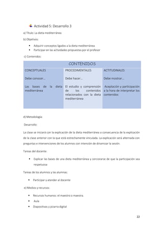 22
Actividad 5: Desarrollo 3
a) Título: La dieta mediterránea
b) Objetivos:
 Adquirir conceptos ligados a la dieta mediterránea
 Participar en las actividades propuestas por el profesor
c) Contenidos:
CONTENIDOS
CONCEPTUALES
Debe conocer…
Las bases de la dieta
mediterránea
PROCEDIMENTALES
Debe hacer…
El estudio y comprensión
de los contenidos
relacionados con la dieta
mediterránea
ACTITUDINALES
Debe mostrar…
Aceptación y participación
a la hora de interpretar los
contenidos
d) Metodología:
Desarrollo:
La clase se iniciará con la explicación de la dieta mediterránea a consecuencia de la explicación
de la clase anterior con la que está estrechamente vinculada. La explicación será alternada con
preguntas e intervenciones de los alumnos con intención de dinamizar la sesión.
Tareas del docente:
 Explicar las bases de una dieta mediterránea y cerciorarse de que la participación sea
respetuosa
Tareas de los alumnos y las alumnas:
 Participar y atender al docente
e) Medios y recursos:
 Recursos humanos: el maestro o maestra.
 Aula
 Diapositivas y pizarra digital
 