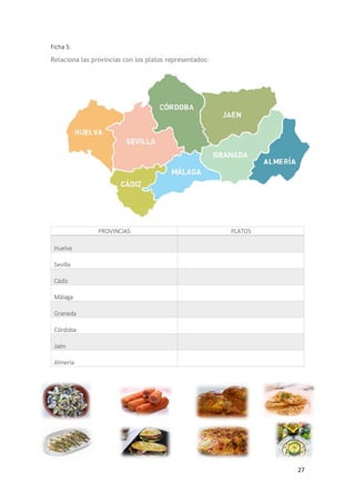 27
Ficha 5:
Relaciona las provincias con los platos representados:
PROVINCIAS PLATOS
Huelva
Sevilla
Cádiz
Málaga
Granada
Córdoba
Jaén
Almería
 