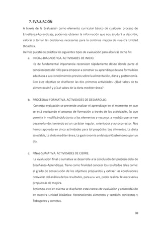 30
7. EVALUACIÓN
A través de la Evaluación como elemento curricular básico de cualquier proceso de
Enseñanza-Aprendizaje, podemos obtener la información que nos ayudará a describir,
valorar y tomar las decisiones necesarias para la continua mejora de nuestra Unidad
Didáctica.
Hemos puesto en práctica los siguientes tipos de evaluación para alcanzar dicho fin:
a. INICIAL-DIAGNOSTICA. ACTIVIDADES DE INICIO.
Es de fundamental importancia reconocer rápidamente desde donde parte el
conocimiento del niño para empezar a construir su aprendizaje de una forma bien
adaptada a sus conocimientos previos sobre la alimentación, dieta y gastronomía.
Con este objetivo se diseñaron las dos primeras actividades: ¿Qué sabes de tu
alimentación? y ¿Qué sabes de la dieta mediterránea?
b. PROCESUAL-FORMATIVA. ACTIVIDADES DE DESARROLLO.
Con esta evaluación se pretende analizar el aprendizaje en el momento en que
se está realizando el proceso de formación a través de las actividades, lo que
permite ir modificándolo junto a los elementos y recursos a medida que se van
desarrollando, teniendo asi un carácter regular, orientador y autocorrector. Nos
hemos apoyado en cinco actividades para tal propósito: Los alimentos, La dieta
saludable, La dieta mediterránea, La gastronomía andaluza y Gastrónomos por un
día.
c. FINAL-SUMATIVA. ACTIVIDADES DE CIERRE.
La evaluación final o sumativa se desarrolla a la conclusión del proceso-ciclo de
Enseñanza-Aprendizaje. Tiene como finalidad conocer los resultados tales como:
el grado de consecución de los objetivos propuestos y extraer las conclusiones
derivadas del análisis de los resultados, para a su vez, poder realizar las necesarias
propuestas de mejora.
Teniendo esto en cuenta se diseñaron estas tareas de evaluación y consolidación
en nuestra Unidad Didáctica: Reconociendo alimentos y también conceptos y
Toboganes y cometas.
 