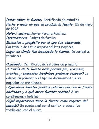 Datos sobre la fuente: Certificado de estudios
Fecha y lugar en que se produjo la fuente: 22 de mayo
de 1992

Autor/ autores:Javier Peralta Ramírez
Destinatarios: Padres de familia
Intención o propósito por el que fue elaborada:

Constancia de estudios para adultos mayores
Lugar en donde fue localizada la fuente: Documentos
familiares

Contenido: Certificado de estudios de primaria
A través de la fuente ¿qué personajes, procesos,
eventos y contextos históricos podemos conocer? La
educación primaria y el tipo de documentos que se
expedían en ese tiempo.

¿Qué otras fuentes podrían relacionarse con la fuente
analizada y a qué otras fuentes remite? A las
constancias y boletas

¿Qué importancia tiene la fuente como registro del
pasado? Se puede analizar el contexto educativo
tradicional con el nuevo.
3

 