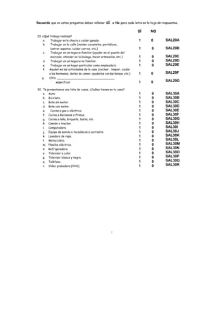 Recuerda que en estas preguntas debes rellenar SÍ o No para cada letra en la hoja de respuestas.

                                                                           SÍ   NO
29. ¿Qué trabajo realizas?
     a.  Trabajar en la chacra o cuidar ganado.                            1    0      SAL29A
     b.  Trabajar en la calle (vender caramelos, periódicos,
         lustrar zapatos, cuidar carros, etc.)                             1    0      SAL29B
     c.  Trabajar en un negocio familiar (ayudar en el puesto del
         mercado, atender en la bodega, hacer artesanías, etc.)            1    0      SAL29C
     d.  Trabajar en un negocio no familiar.                               1    0      SAL29D
     e.  Trabajar en un hogar particular como empleada/o.                  1    0      SAL29E
     f. Ayudar en las actividades de la casa (cocinar, limpiar, cuidar
        a los hermanos, darles de comer, ayudarlos con las tareas, etc.)   1    0      SAL29F
    g.  Otro. ______________________________
               especificar                                                 1    0      SAL29G

30. Te   presentamos una lista de cosas. ¿Cuáles tienes en tu casa?
    a.    Auto.                                                            1    0      SAL30A
    b.    Bicicleta.                                                       1    0      SAL30B
    c.    Bote sin motor.                                                  1    0      SAL30C
    d.    Bote con motor.                                                  1    0      SAL30D
    e.     Cocina a gas o eléctrica.                                       1    0      SAL30E
    f.    Cocina a Kerosene o Primus.                                      1    0      SAL30F
    g.    Cocina a leña, briquete, bosta, etc.                             1    0      SAL30G
    h.    Camión o tractor.                                                1    0      SAL30H
    i.    Computadora.                                                     1    0      SAL30I
    j.    Equipo de sonido o tocadiscos a corriente.                       1    0      SAL30J
    k.    Lavadora de ropa.                                                1    0      SAL30K
    l.    Motocicleta.                                                     1    0      SAL30L
    m.    Plancha eléctrica.                                               1    0      SAL30M
    n.    Refrigeradora.                                                   1    0      SAL30N
    o.    Televisor a color.                                               1    0      SAL30O
    p.    Televisor blanco y negro.                                        1    0      SAL30P
    q.    Teléfono.                                                        1    0      SAL30Q
    r.    Vídeo grabadora (VHS).                                           1    0      SAL30R




                                                         7
 