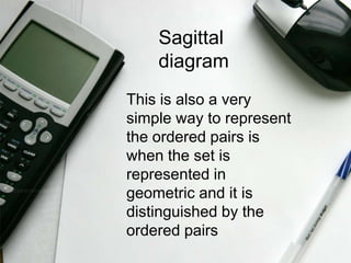 Sagittal
    diagram
This is also a very
simple way to represent
the ordered pairs is
when the set is
represented in
geometric and it is
distinguished by the
ordered pairs
 