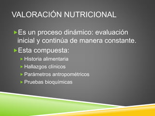 VALORACIÓN NUTRICIONAL
Es un proceso dinámico: evaluación
inicial y continúa de manera constante.
Esta compuesta:
 Historia alimentaria
 Hallazgos clínicos
 Parámetros antropométricos
 Pruebas bioquímicas
 