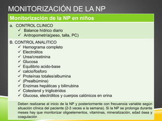 MONITORIZACIÓN DE LA NP
Monitorización de la NP en niños
a. CONTROL CLINICO
 Balance hídrico diario
 Antropometría(peso, talla, PC)
B. CONTROL ANALITICO
 Hemograma completo
 Electrolitos
 Urea/creatinina
 Glucosa
 Equilibrio acido-base
 calcio/fosforo
 Proteínas totales/albumina
 (Prealbúmina)
 Enzimas hepáticas y bilirrubina
 Colesterol y triglicéridos
 Glucosa, electrólitos y cuerpos catónicos en orina
Deben realizarse al inicio de la NP y posteriormente con frecuencia variable según
situación clínica del paciente (2-3 veces a la semana). Si la NP se prolonga durante
meses hay que monitorizar oligoelementos, vitaminas, mineralización, edad ósea y
coagulación
 