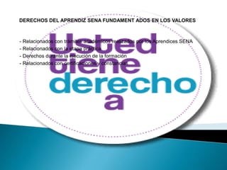 - Relacionados con trámites académicos realizados por los Aprendices SENA
- Relacionados con la etapa práctica
- Derechos durante la ejecución de la formación
- Relacionados con certificaciones y constancias
 